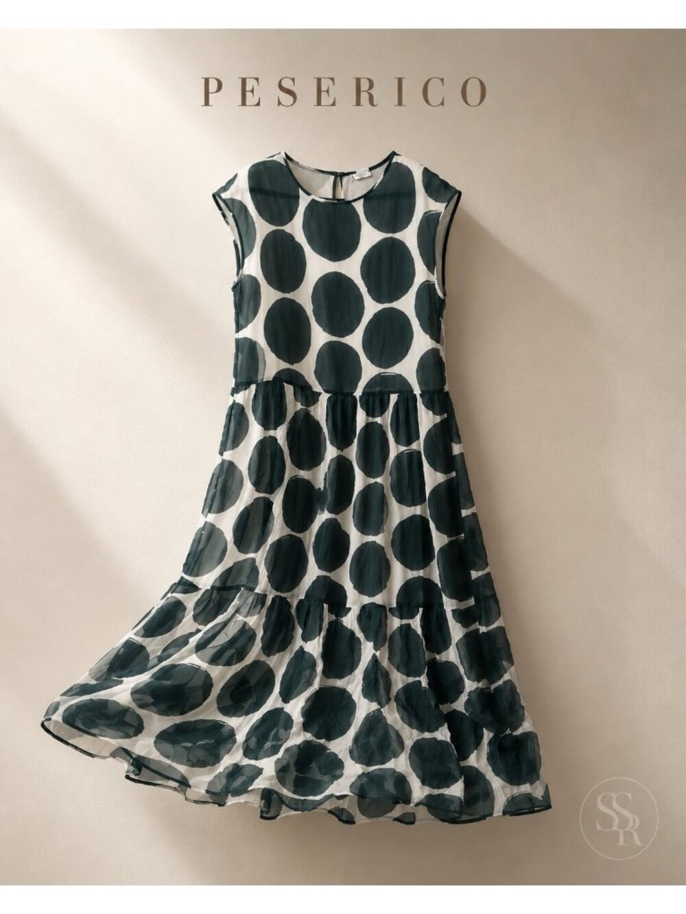 Peserico Italy Tiered Maxi Dress IT44 US8 Viscose Teal Dot Print Made Italy